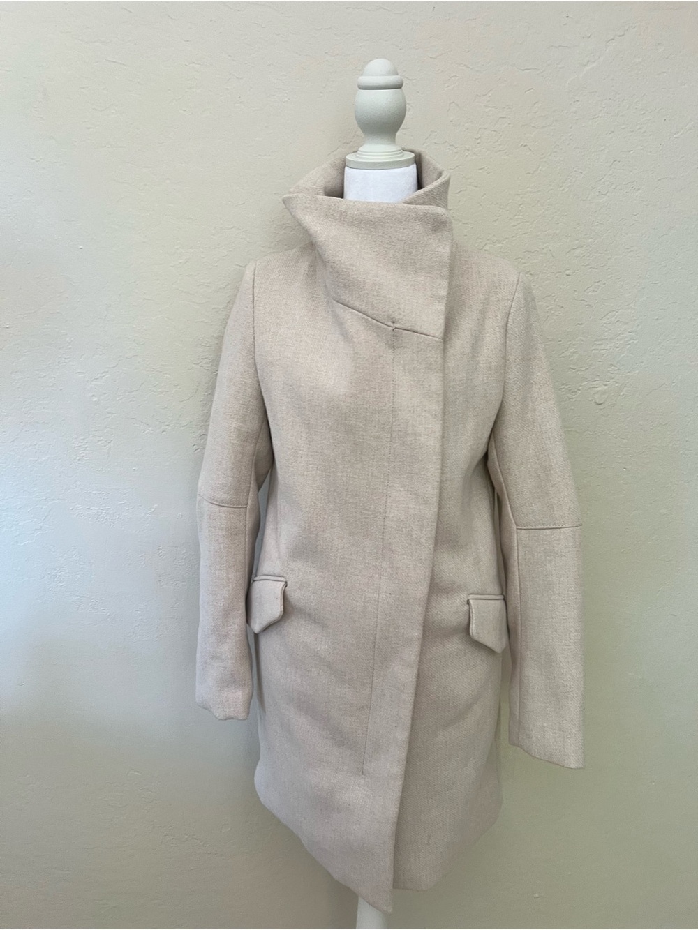Bershka Cream Asymmetric Funnel Neck Wool Blend Coat